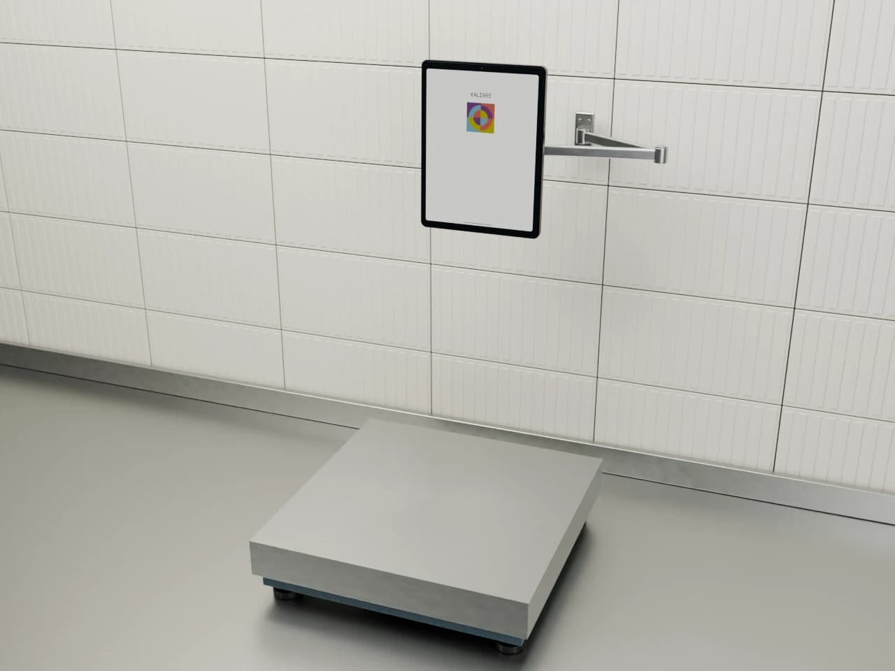 Die Kalibre-Waage mit einem Tablet an der Wandhalterung